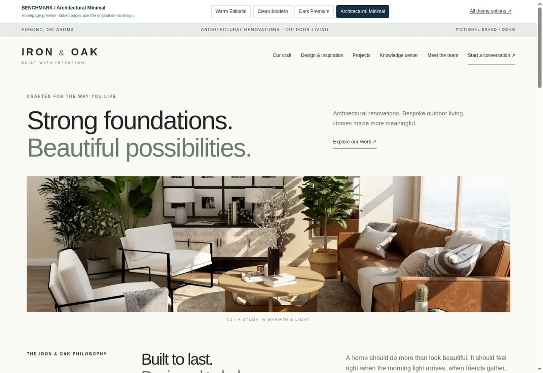 Iron and Oak homepage in the Architectural Minimal design style