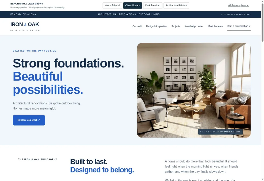 Iron and Oak homepage in the Clean Modern design style