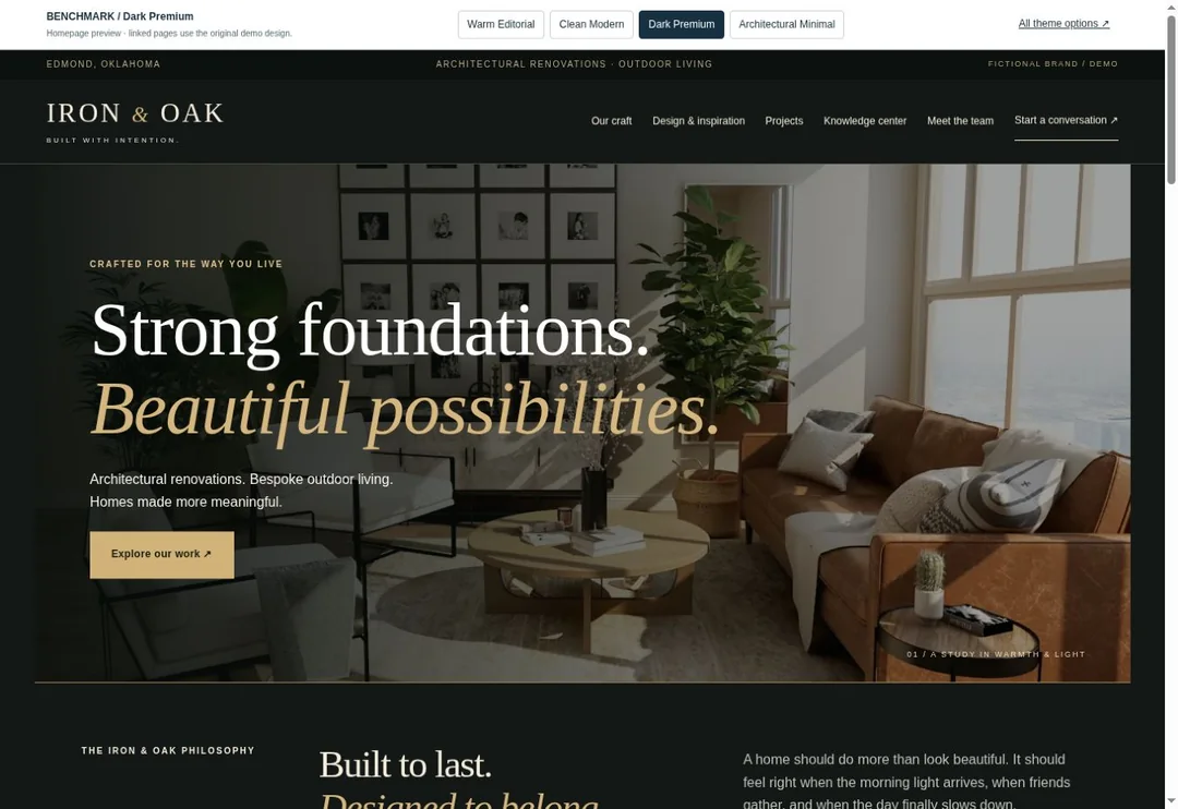 Iron and Oak homepage in the Dark Premium design style